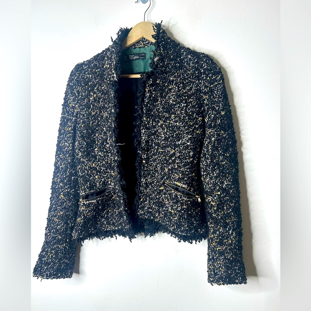 Zara Trafaluc Womens Jacket Medium Black Tweed Frayed Fringe